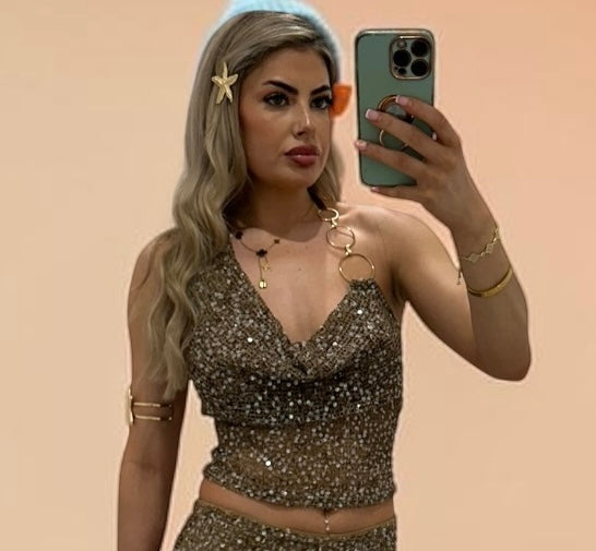 NOAH Sequin Knitted Halterneck Top With Chain Detail For Holiday & Festivals