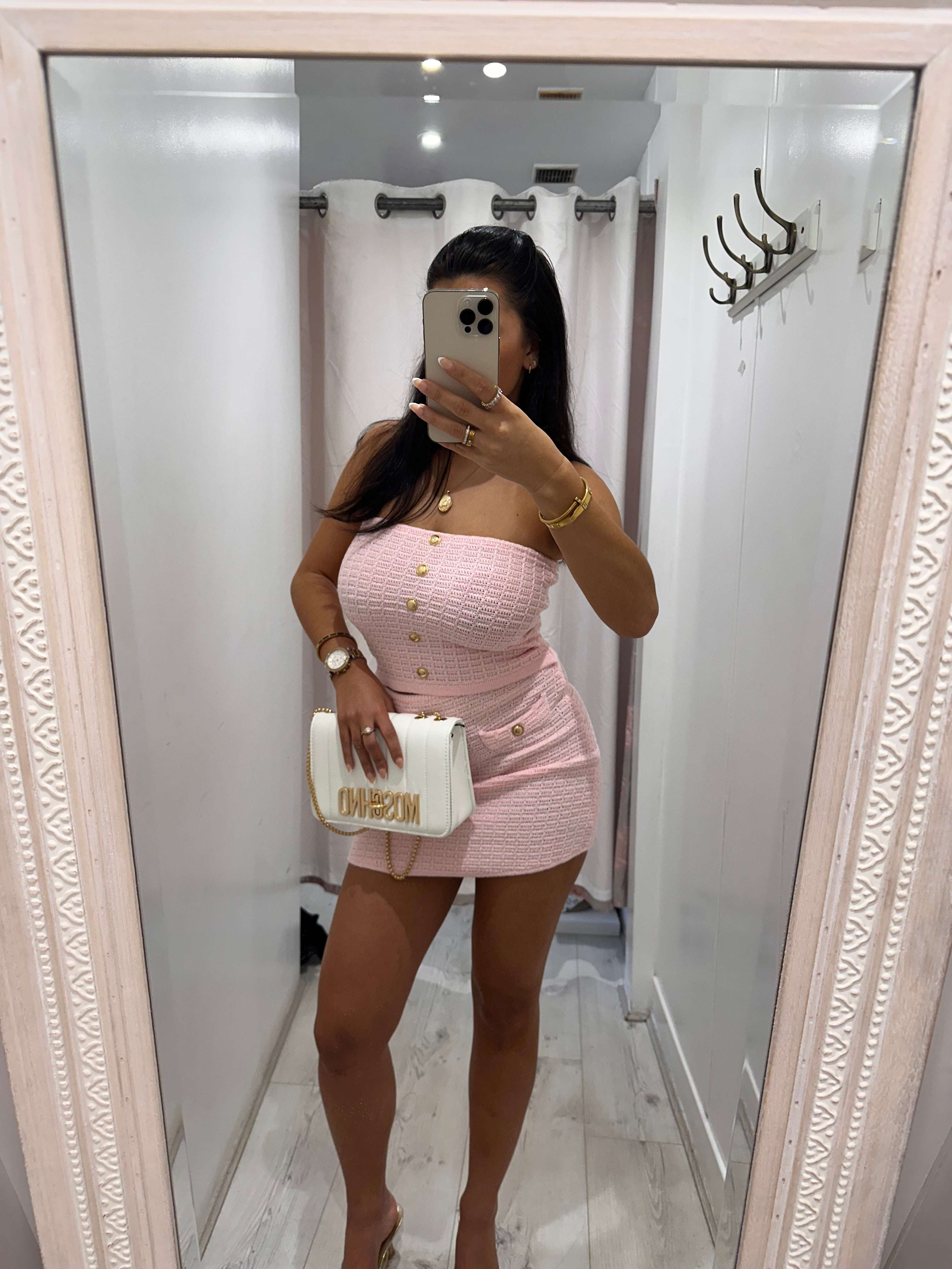 Lara Gold Button knitted skirt and bandeau top set stylish everyday outfit