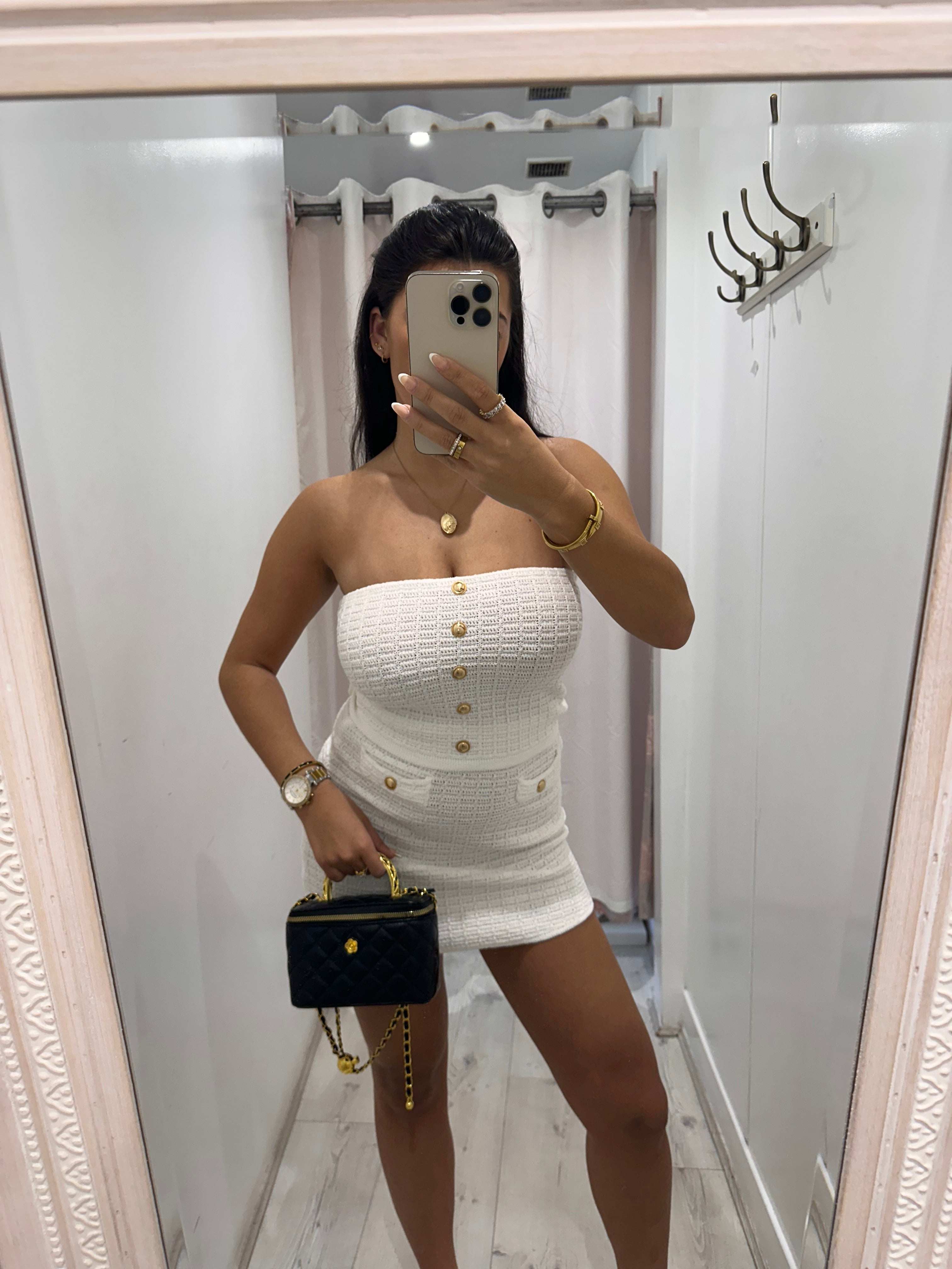 Lara Gold Button knitted skirt and bandeau top set stylish everyday outfit