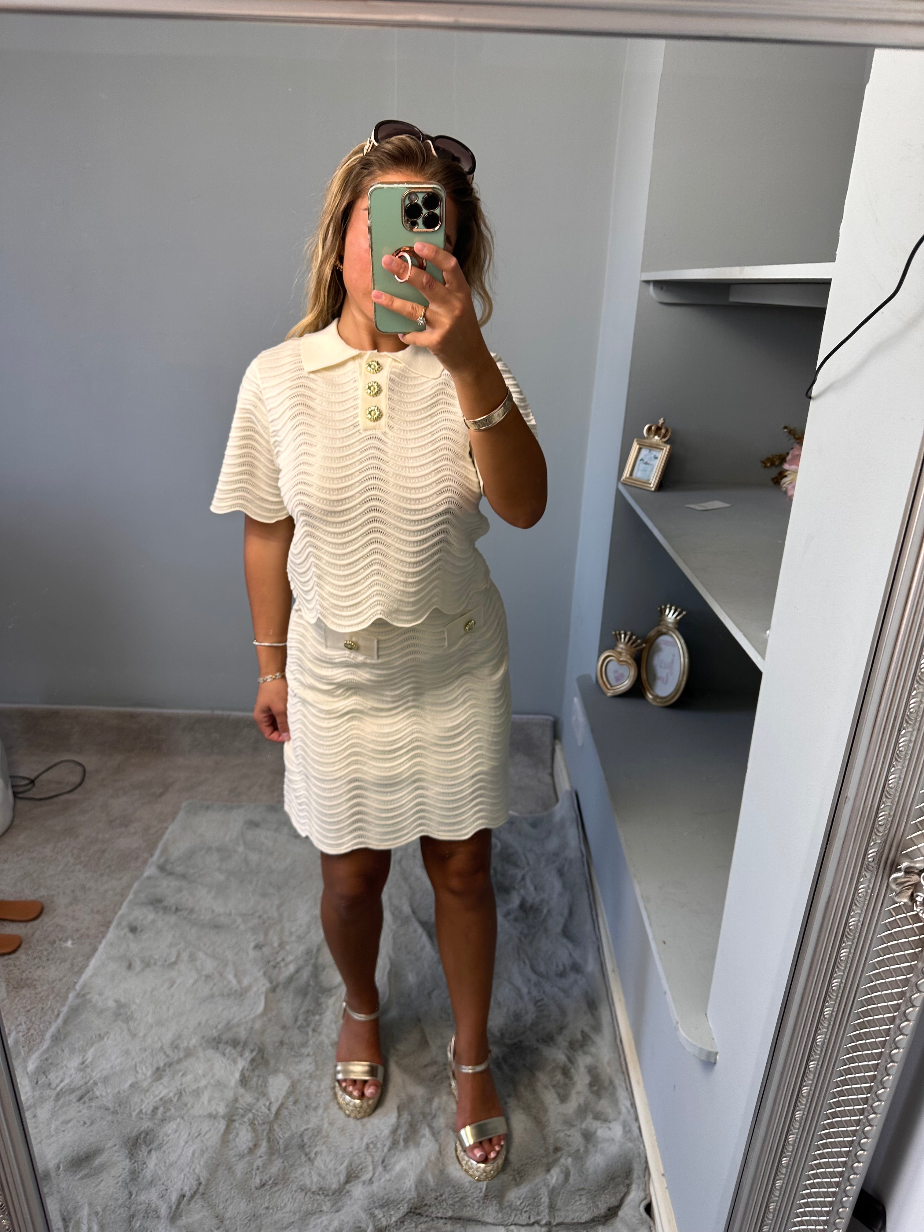 MIA knitted gold button top and skirt