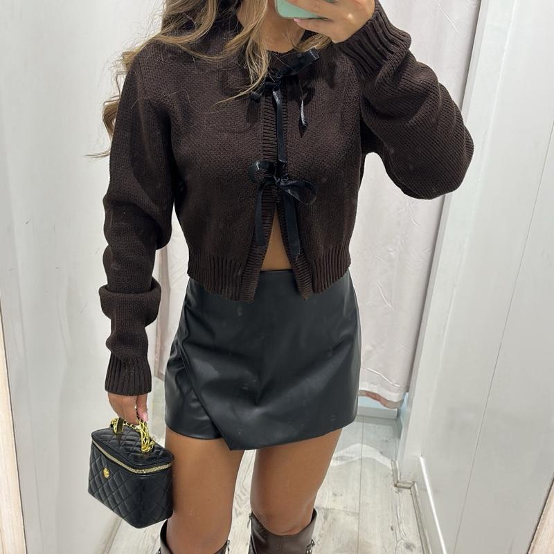 AMARA Knitted Bow Cardigan Cropped Sweater