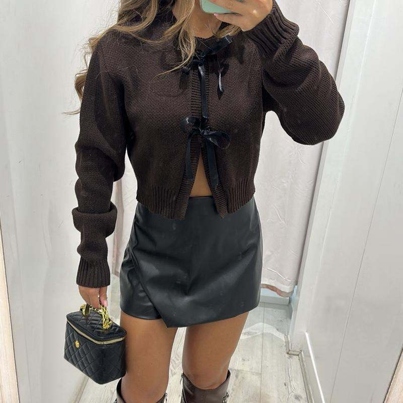 Women’s cropped brown cardigan with bow detail, AMARA knitted sweater.