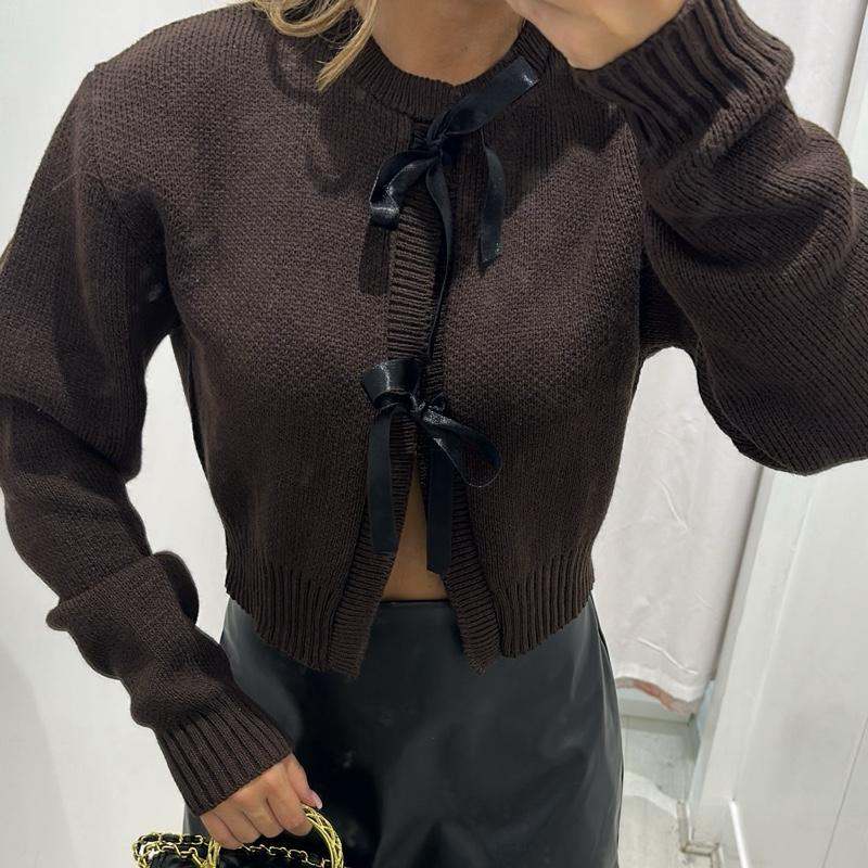 Cropped brown sweater with bow accent, AMARA knitted cardigan for women.