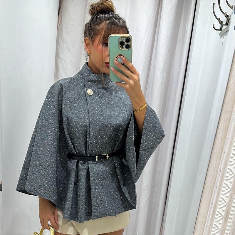 Mimi Rhinestone Detailing Belted Cape Poncho