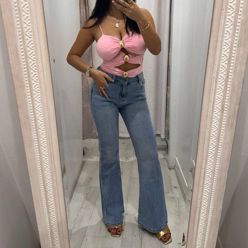 LYLA Wide Leg Pink Pocket Jeans with Sparkling Rhinestone Details