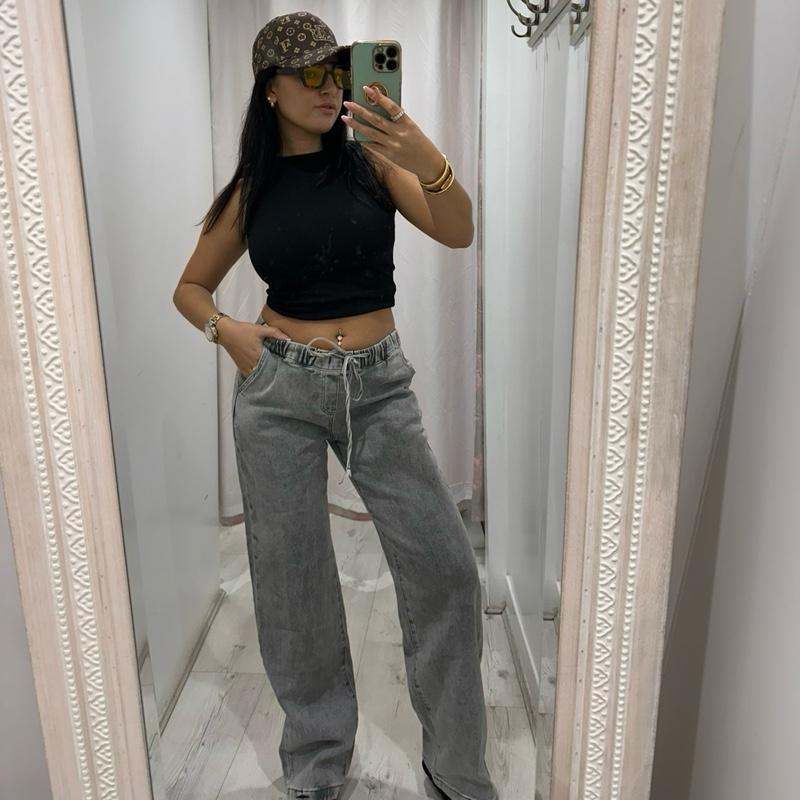 Grey NORA high-waisted wide-leg jeans with elasticated waistband and drawstring for relaxed fit