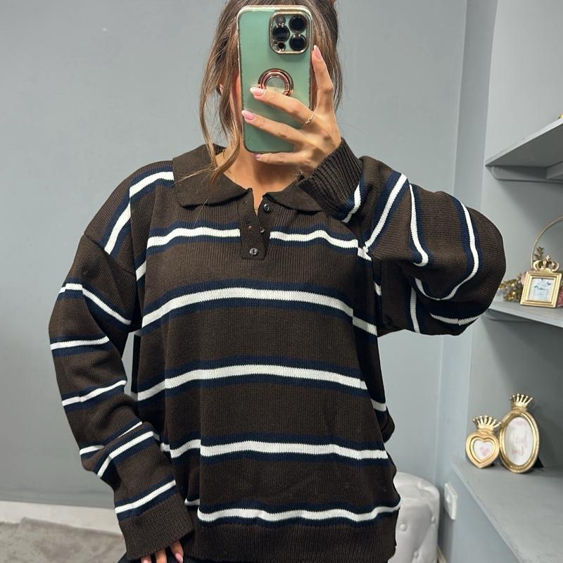 CHRISTIE Striped Collared Long Sleeve Sweater