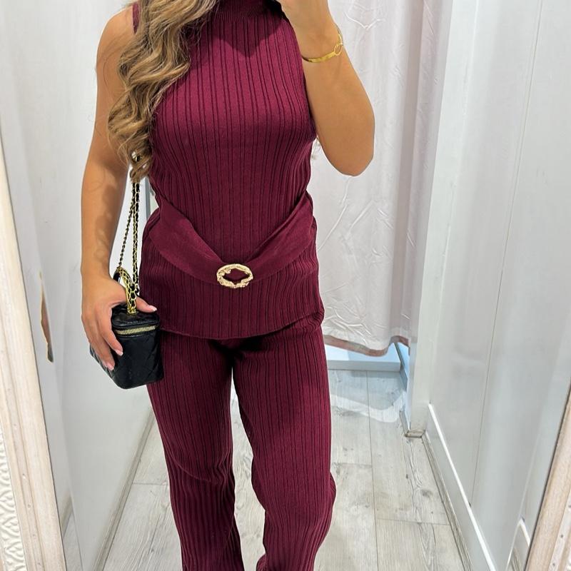 KIA Ribbed Sleeveless Top With Gold Buckle detailing & Trouser Set