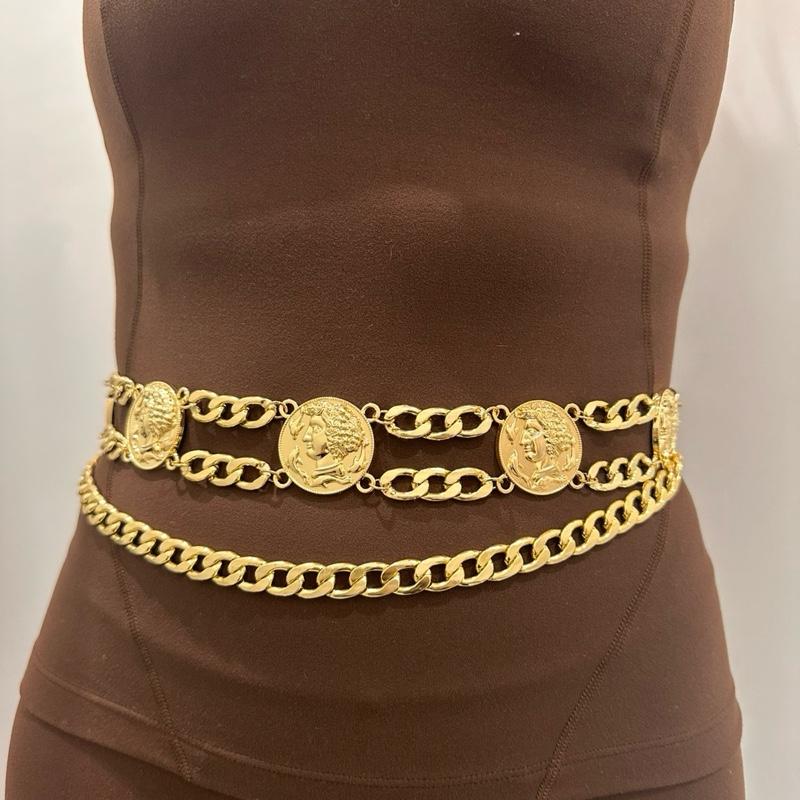 Women’s fashion gold charm belt with double-layered design and coin charms on jeans