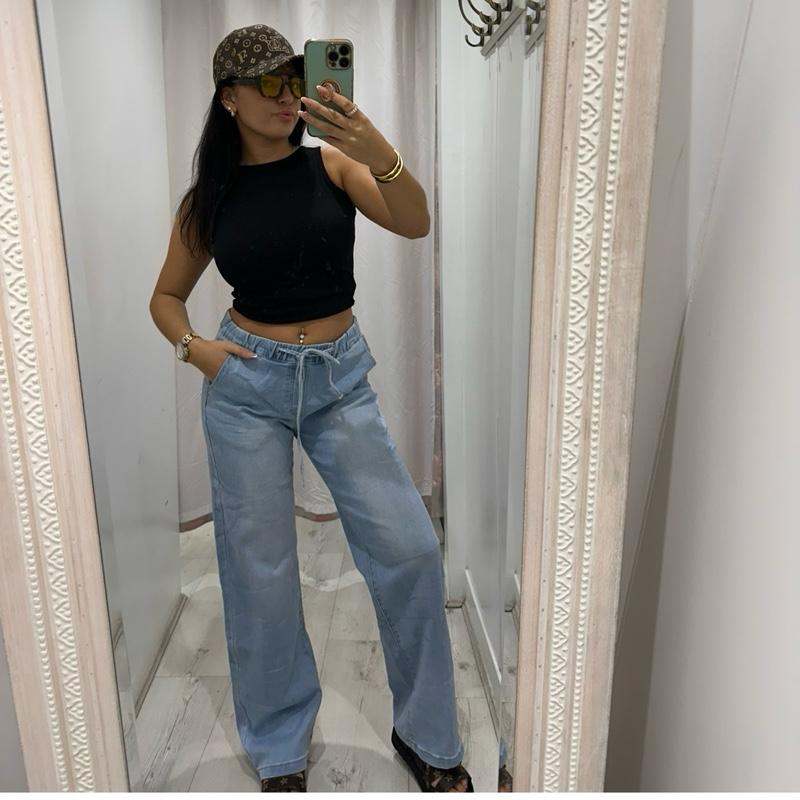 NORA high-waisted wide-leg grey jeans with elasticated waistband and drawstring