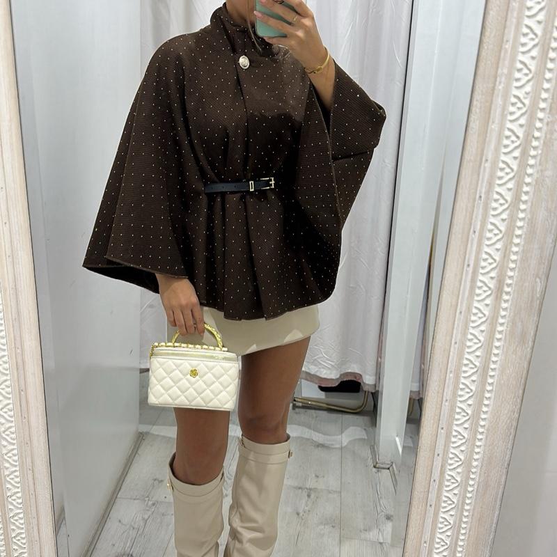Mimi Rhinestone Detailing Belted Cape Poncho