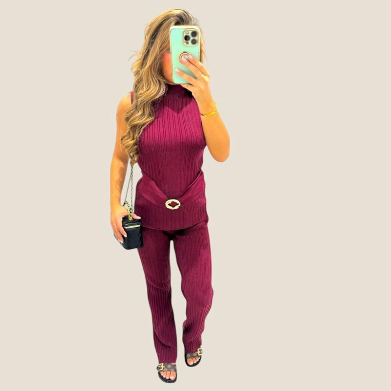 KIA Ribbed Sleeveless Top With Gold Buckle detailing & Trouser Set