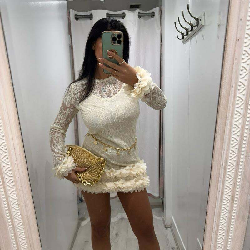 POLLY Lace Dress with Flower Detail Hem