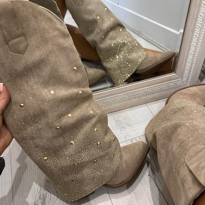 Orla Beige Suede Rhinestone Cowboy Boots