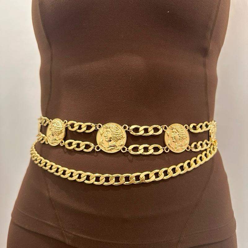 Women’s fashion gold charm belt with double-layered design and coin accents