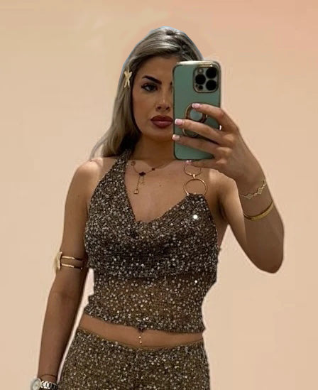 NOAH Sequin Knitted Halterneck Top With Chain Detail For Holiday & Festivals