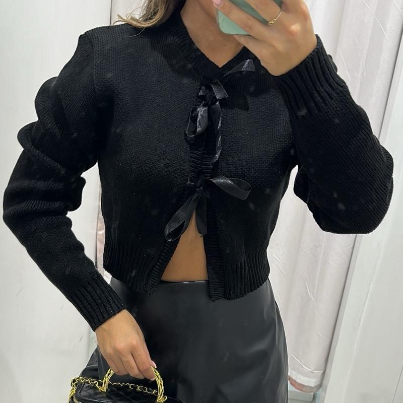AMARA Knitted Bow Cardigan - Cropped Sweater with Bow Detailing