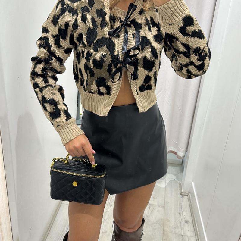 Leopard print AMARA knitted bow cardigan, cropped women’s sweater.