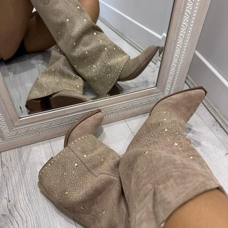 Orla Beige Suede Rhinestone Cowboy Boots