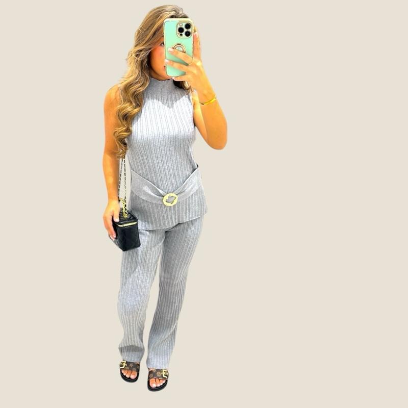 KIA Ribbed Sleeveless Top With Gold Buckle detailing & Trouser Set