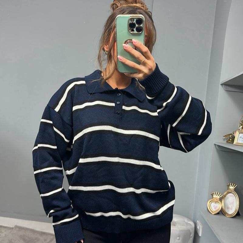 CHRISTIE Striped Collared Long Sleeve Sweater