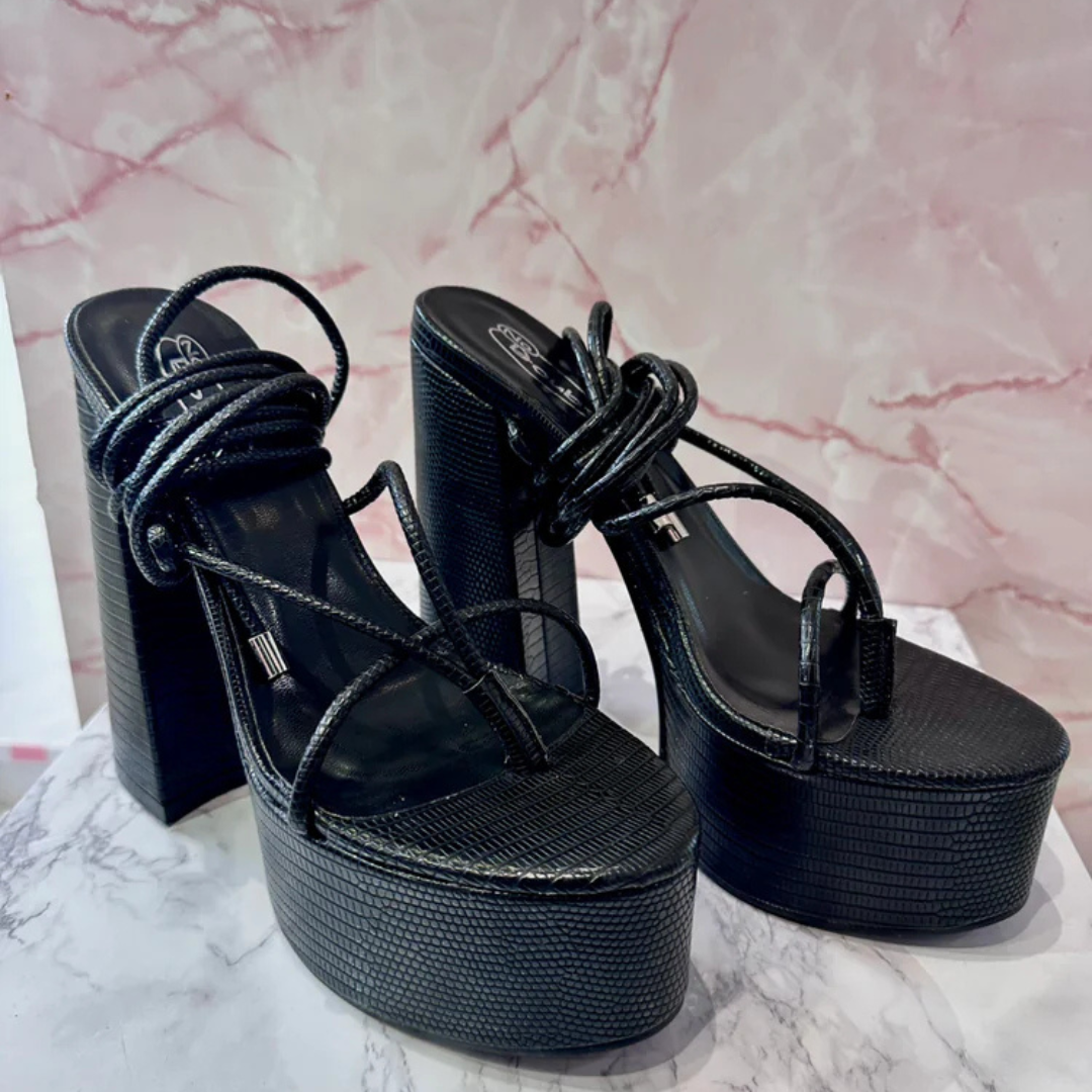 Platform black block heels with lizard texture and wrap-around strappy design, elegant women&