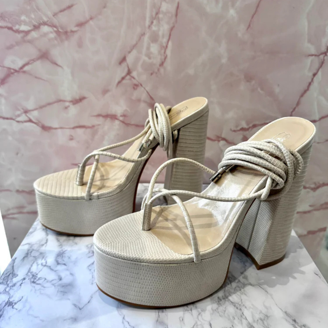 Platform cream block heels with lizard texture and strappy tie-up design, women&