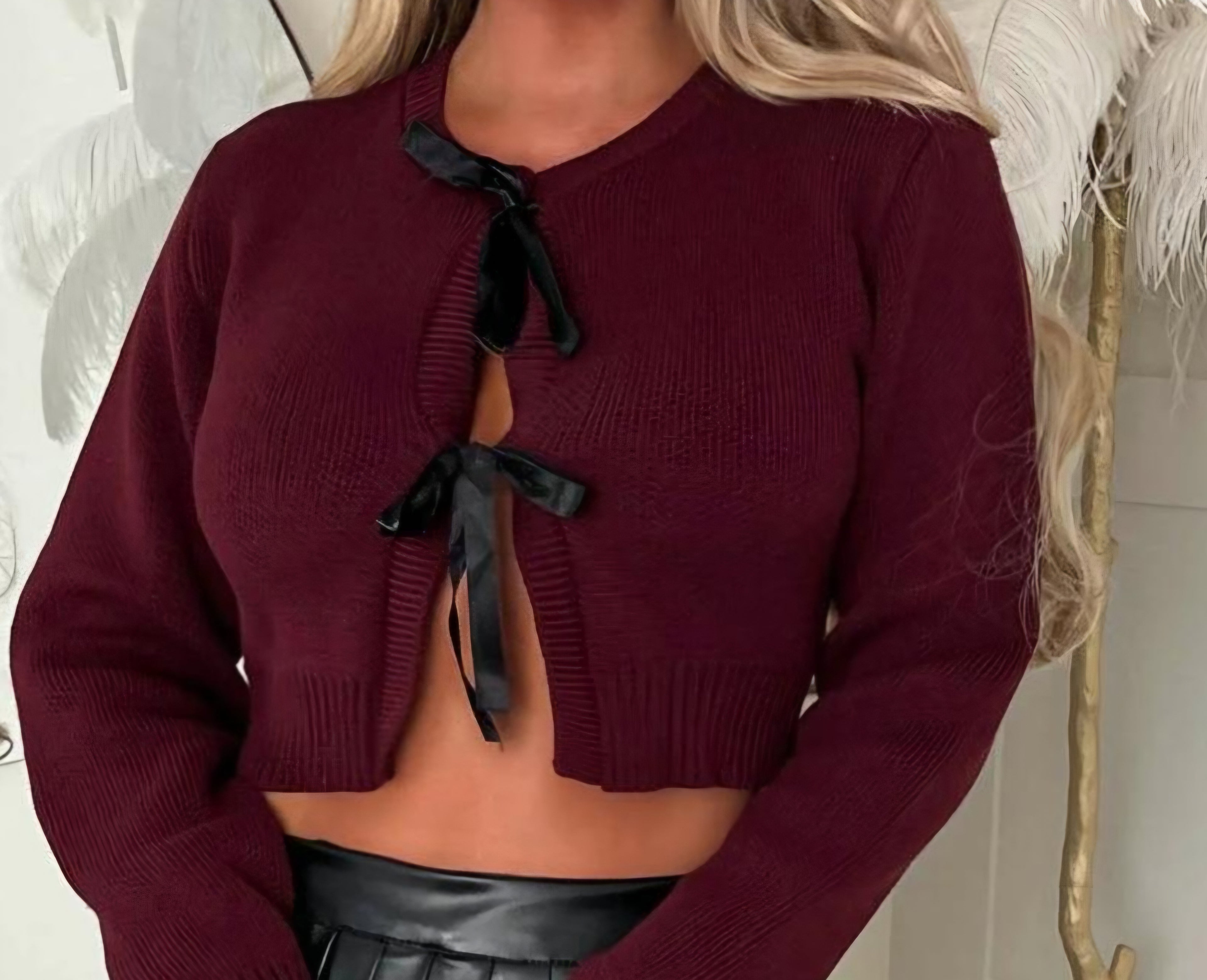 Burgundy AMARA knitted bow cardigan, cropped women’s sweater.
