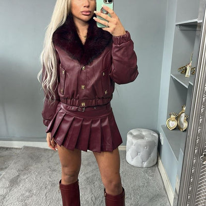 Women’s fitted burgundy PU leather bomber jacket with fur trim and zip, BLAIR fashion coat.