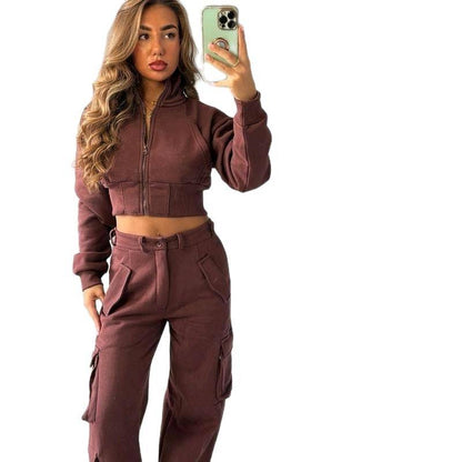 Woman wearing KADIE Zip Up Cropped Top and Cargo Trouser Tracksuit Coord in casual urban setting