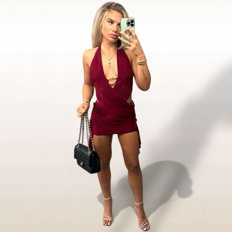 KENDAL Slinky Buckle Detail Dress in rich maroon with halter neckline and elegant drapes for clubbing parties