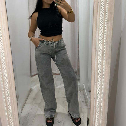 Grey NORA high-waisted wide-leg jeans with elasticated waistband and drawstring, casual relaxed fit denim