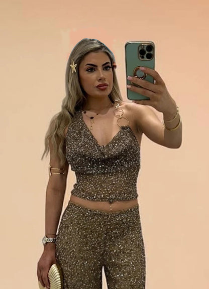 NOAH Sequin Knitted Halterneck Top With Chain Detail For Holiday &amp; Festivals