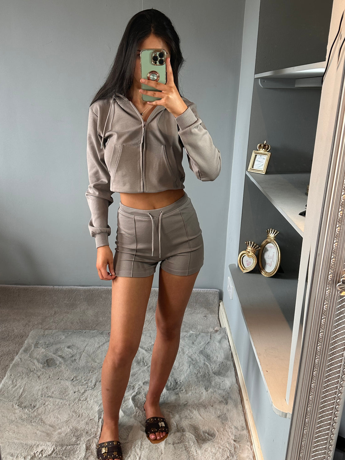 Zipped hooded crop top and seam detail shorts