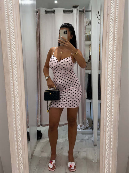 VERITY Polka Dot Mini Dress - White with Black Dots, Sleeveless, V-Neck, Summer Style, Perfect for Casual Wear