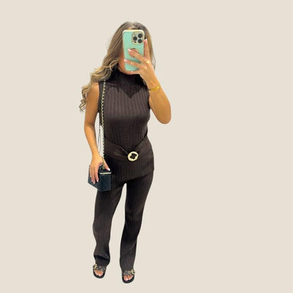 KIA Ribbed Sleeveless Top With Gold Buckle detailing &amp; Trouser Set