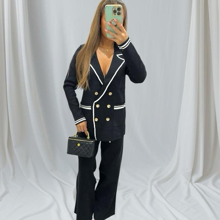 Fawn Cardigan With Gold Button Trousers