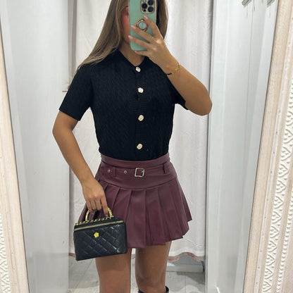 Wine ANNA pleated PU leather mini skort, minimalist women’s bottom.