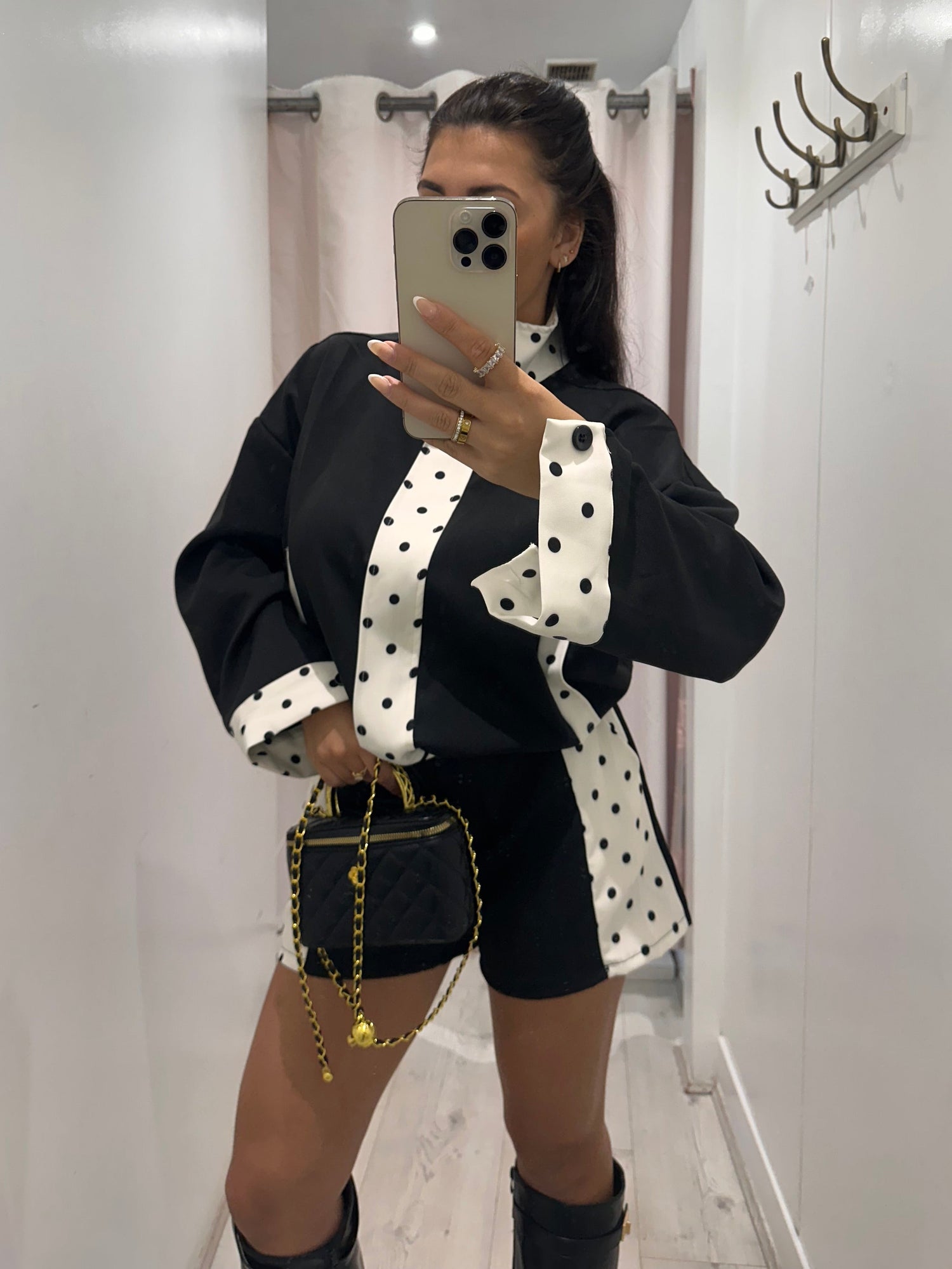 Elodie Polka Dot Jacket and Shirt Set with white polka dots for stylish layering