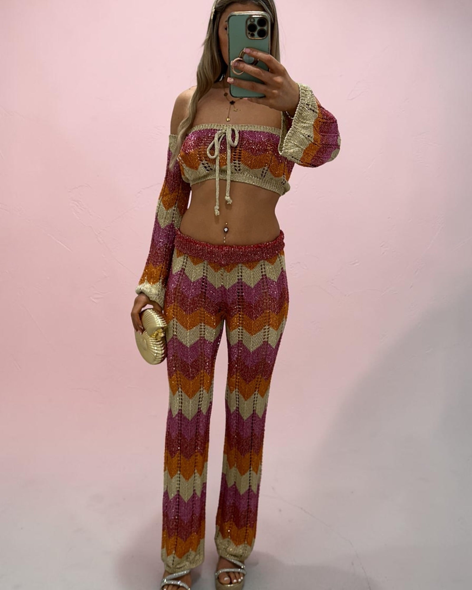 SHANIA Zig Zag Sparkly Lurex Knitted Top &amp; Trouser Coord