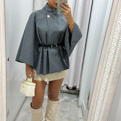 Mimi  Rhinestone Detailing  Belted Cape Poncho