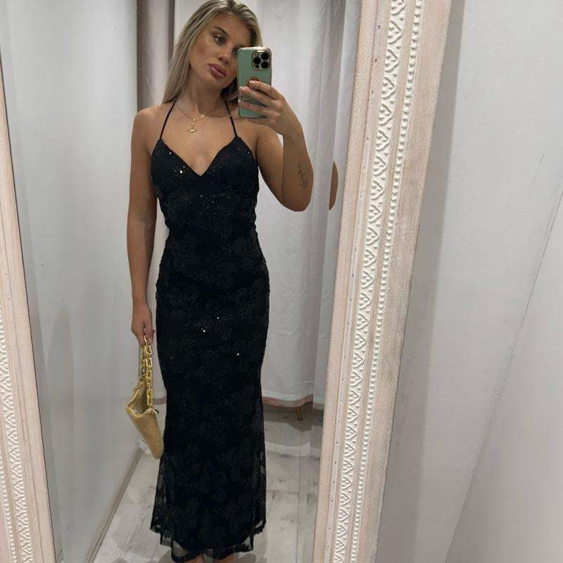 MIRELLE Sequin Open Back Maxi Dress