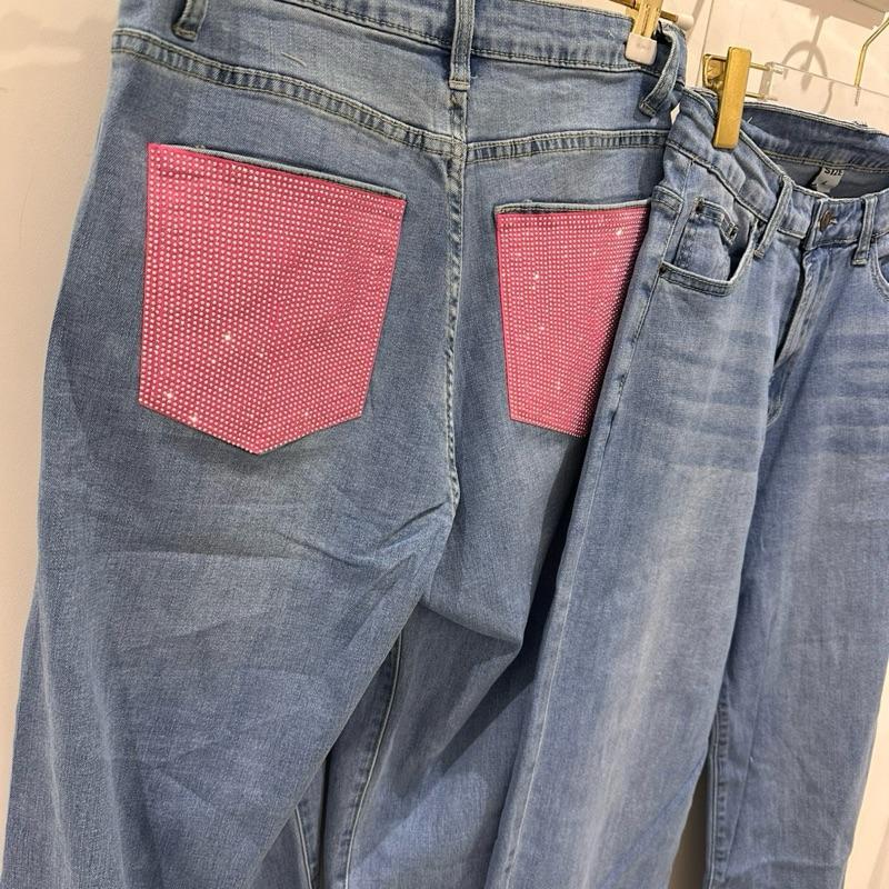 Jean évasé VIOLET Bell Bottom à poches en strass roses