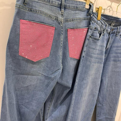 Jean évasé VIOLET Bell Bottom à poches en strass roses