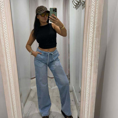 Grey NORA High-Waisted Wide-Leg Jeans with elasticated waistband and drawstring