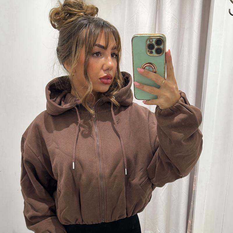 Women’s brown fleece-lined cropped hoodie with bubble hem, BECCA style.