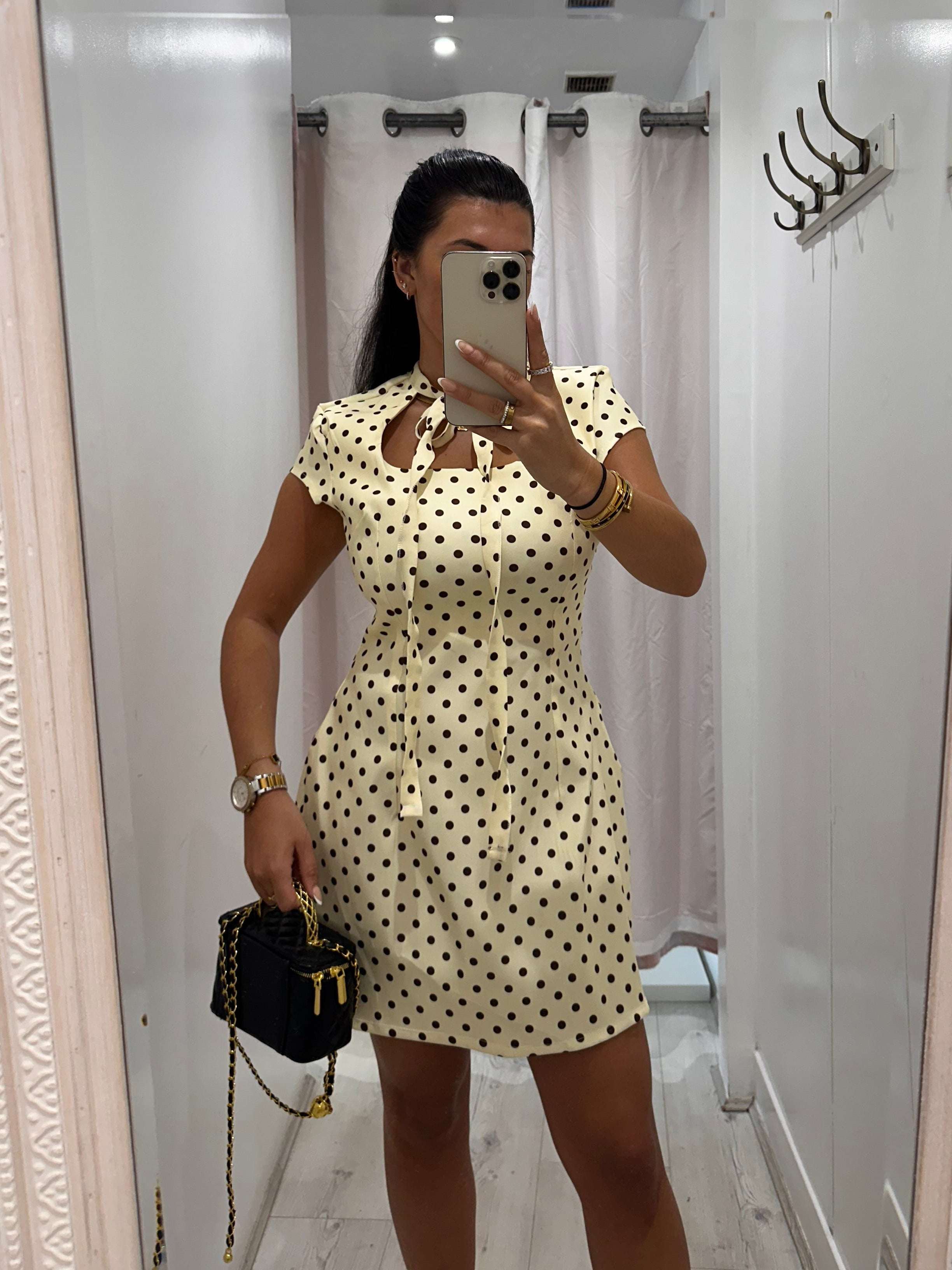 Kensington Polka Dot Dress with short sleeves and tie front for casual women’s fashion
