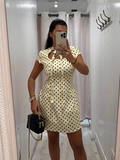 Kensington Polka Dot Dress with short sleeves and tie front for casual women’s fashion