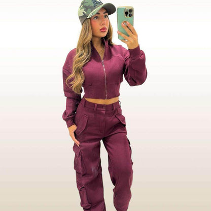 Woman wearing KADIE Zip Up Cropped Top and Cargo Trouser Tracksuit Coord in beige casual outfit
