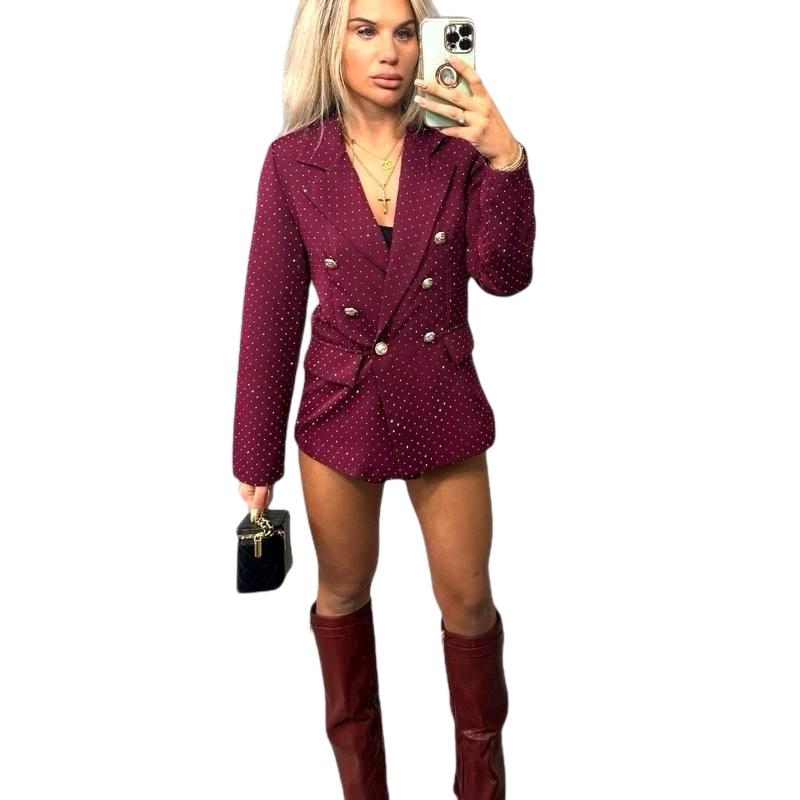 Women’s burgundy fitted blazer with diamanté sparkle, AMBER night-out style.